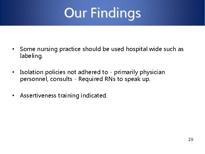 Our Findings • Some nursing practice should be used hospital wide such as labeling.