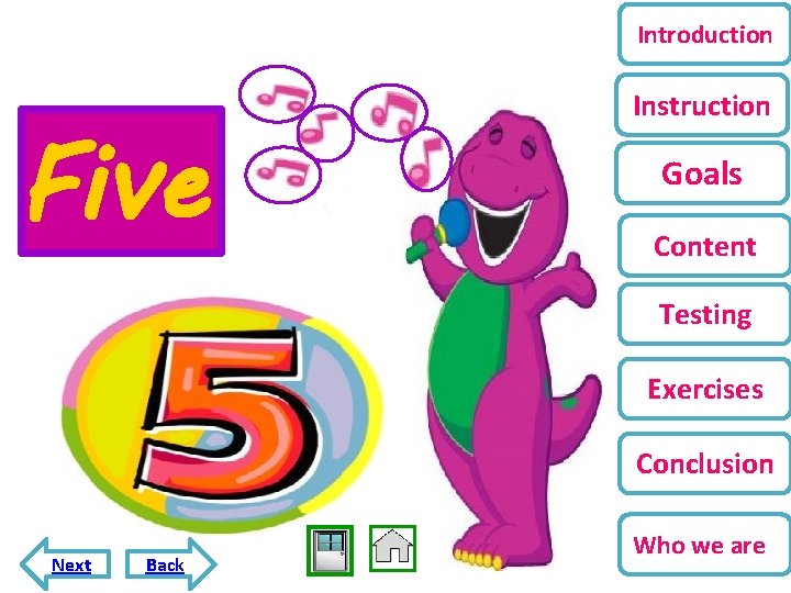Introduction Five Instruction Goals Content Testing Exercises Conclusion Next Back Who we are 