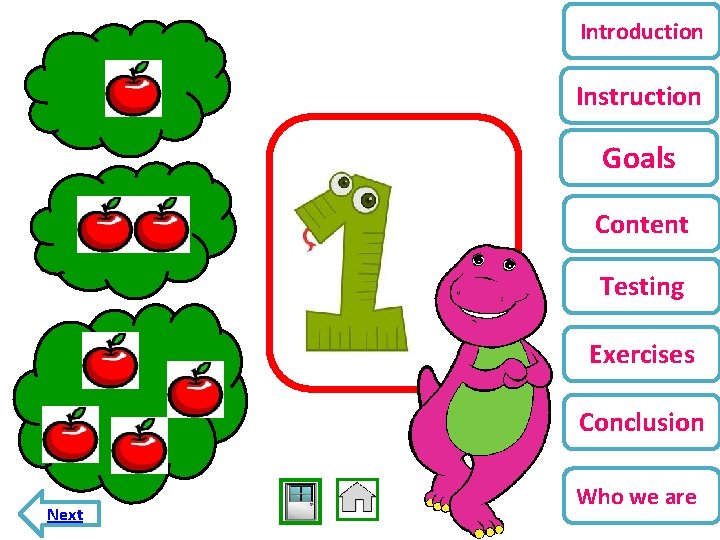 Introduction Instruction Goals Content Testing Exercises Conclusion Next Who we are 