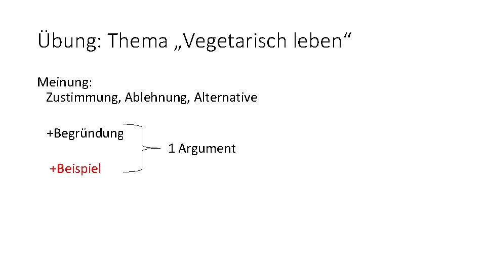 Übung: Thema „Vegetarisch leben“ Meinung: Zustimmung, Ablehnung, Alternative +Begründung +Beispiel 1 Argument 