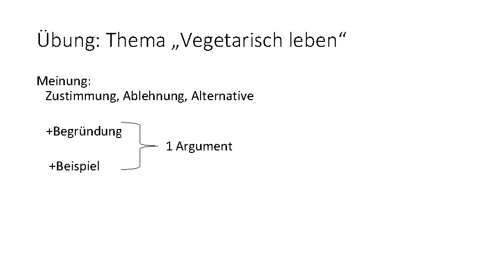 Übung: Thema „Vegetarisch leben“ Meinung: Zustimmung, Ablehnung, Alternative +Begründung +Beispiel 1 Argument 