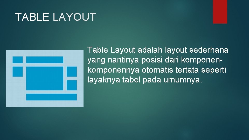 TABLE LAYOUT Table Layout adalah layout sederhana yang nantinya posisi dari komponennya otomatis tertata
