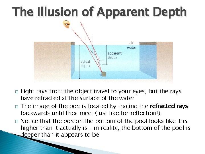 The Illusion of Apparent Depth � � � Light rays from the object travel