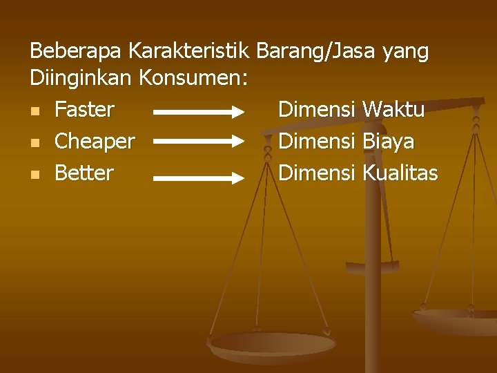 Beberapa Karakteristik Barang/Jasa yang Diinginkan Konsumen: n Faster Dimensi Waktu n Cheaper Dimensi Biaya