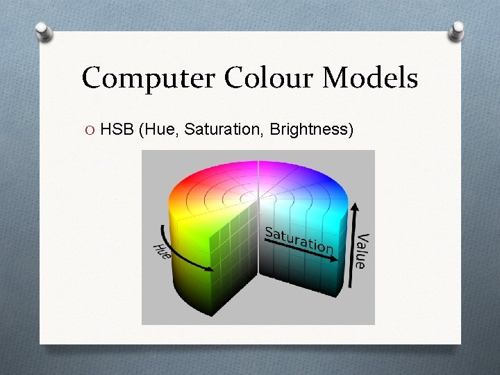 Computer Colour Models O HSB (Hue, Saturation, Brightness) 