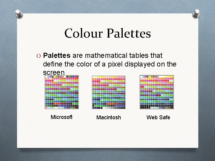 Colour Palettes O Palettes are mathematical tables that define the color of a pixel