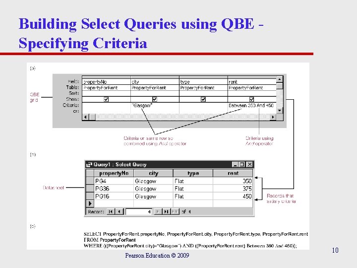 Building Select Queries using QBE Specifying Criteria Pearson Education © 2009 10 