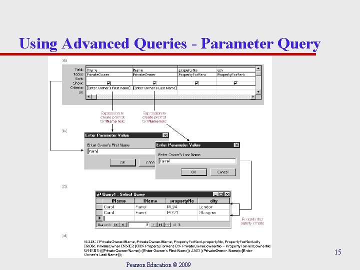 Using Advanced Queries - Parameter Query 15 Pearson Education © 2009 