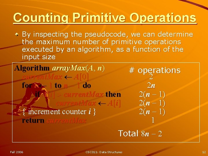 Counting Primitive Operations By inspecting the pseudocode, we can determine the maximum number of Counting Primitive Operations By inspecting the pseudocode, we can determine the maximum number of