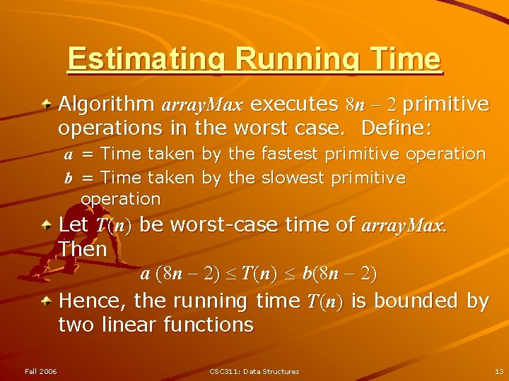 Estimating Running Time Algorithm array. Max executes 8 n 2 primitive operations in the Estimating Running Time Algorithm array. Max executes 8 n 2 primitive operations in the