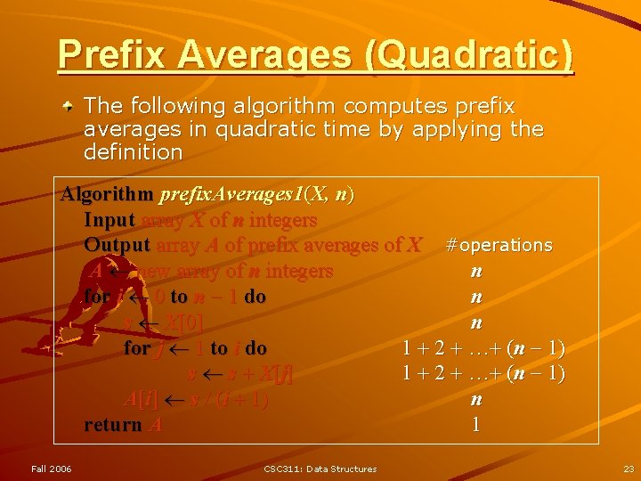 Prefix Averages (Quadratic) The following algorithm computes prefix averages in quadratic time by applying Prefix Averages (Quadratic) The following algorithm computes prefix averages in quadratic time by applying