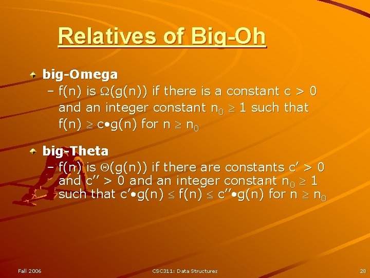 Relatives of Big-Oh big-Omega – f(n) is (g(n)) if there is a constant c Relatives of Big-Oh big-Omega – f(n) is (g(n)) if there is a constant c
