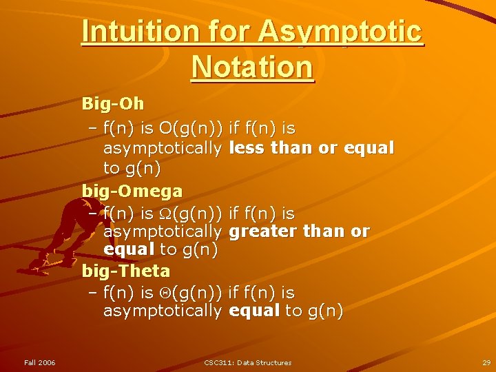Intuition for Asymptotic Notation Big-Oh – f(n) is O(g(n)) if f(n) is asymptotically less Intuition for Asymptotic Notation Big-Oh – f(n) is O(g(n)) if f(n) is asymptotically less