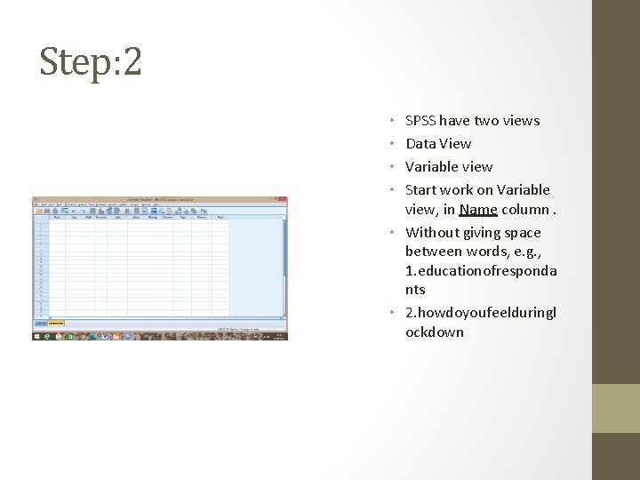 Step: 2 SPSS have two views Data View Variable view Start work on Variable