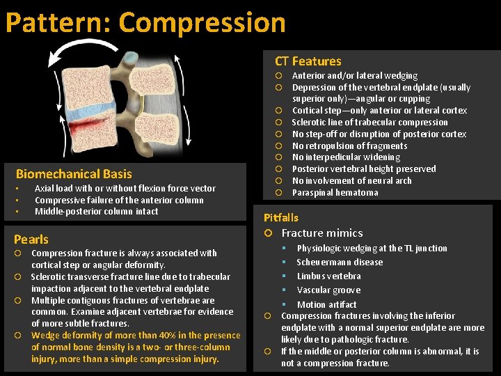 Pattern: Compression CT Features Anterior and/or lateral wedging Depression of the vertebral endplate (usually