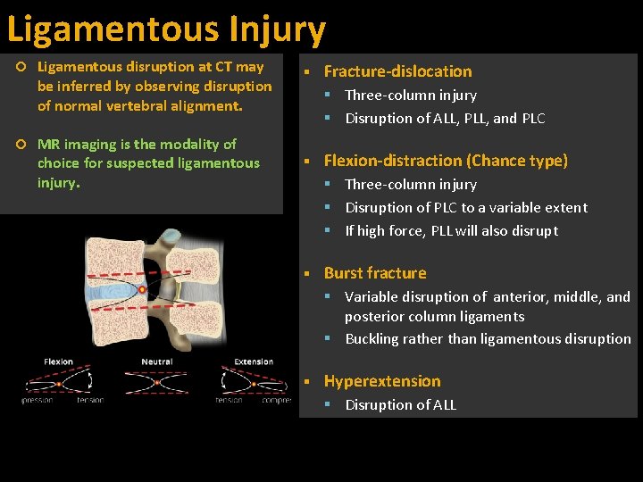 Ligamentous Injury Ligamentous disruption at CT may be inferred by observing disruption of normal