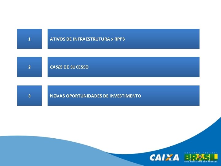 1 ATIVOS DE INFRAESTRUTURA x RPPS 2 CASES DE SUCESSO 3 NOVAS OPORTUNIDADES DE