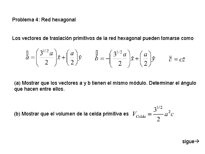 Problema 4: Red hexagonal Los vectores de traslación primitivos de la red hexagonal pueden