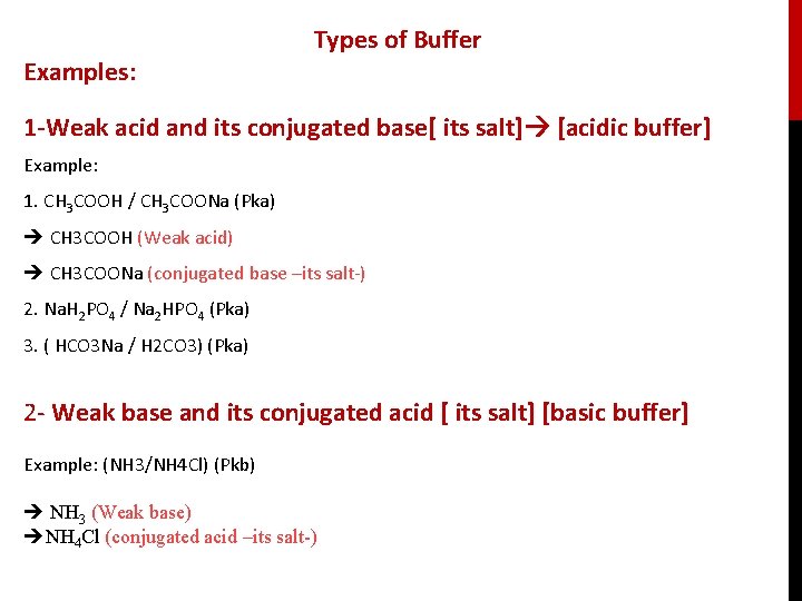 Examples: Types of Buffer 1 -Weak acid and its conjugated base[ its salt] [acidic