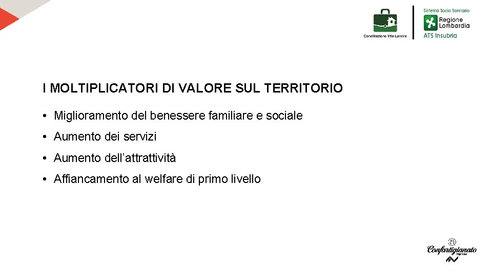 I MOLTIPLICATORI DI VALORE SUL TERRITORIO • Miglioramento del benessere familiare e sociale •