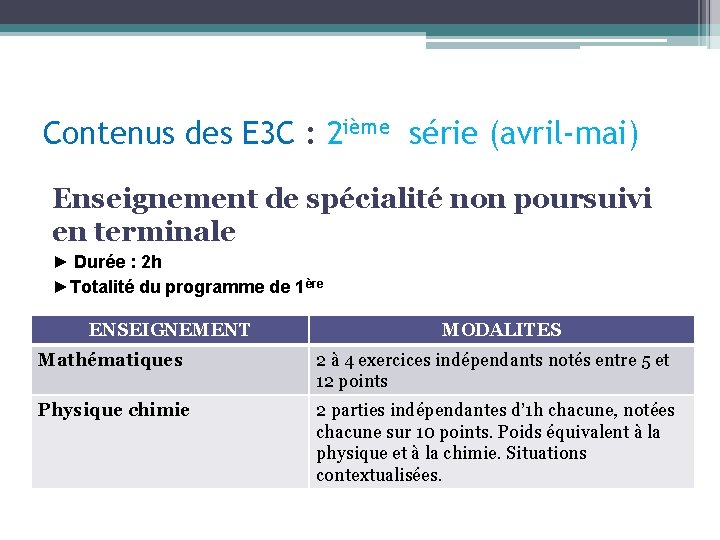 Contenus des E 3 C : 2 ième série (avril-mai) Enseignement de spécialité non