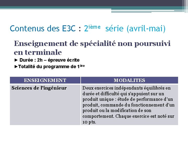 Contenus des E 3 C : 2 ième série (avril-mai) Enseignement de spécialité non