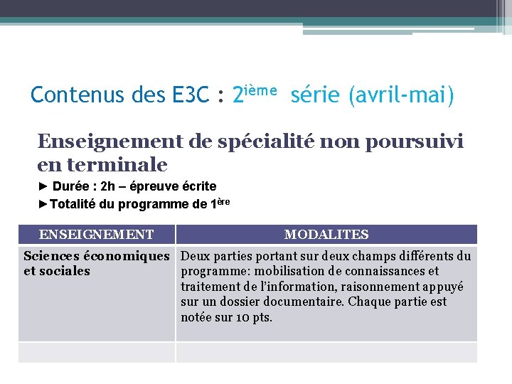 Contenus des E 3 C : 2 ième série (avril-mai) Enseignement de spécialité non