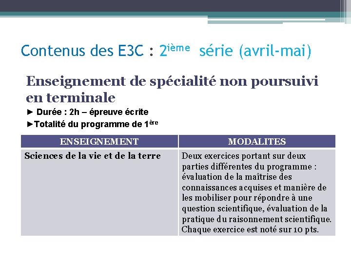 Contenus des E 3 C : 2 ième série (avril-mai) Enseignement de spécialité non