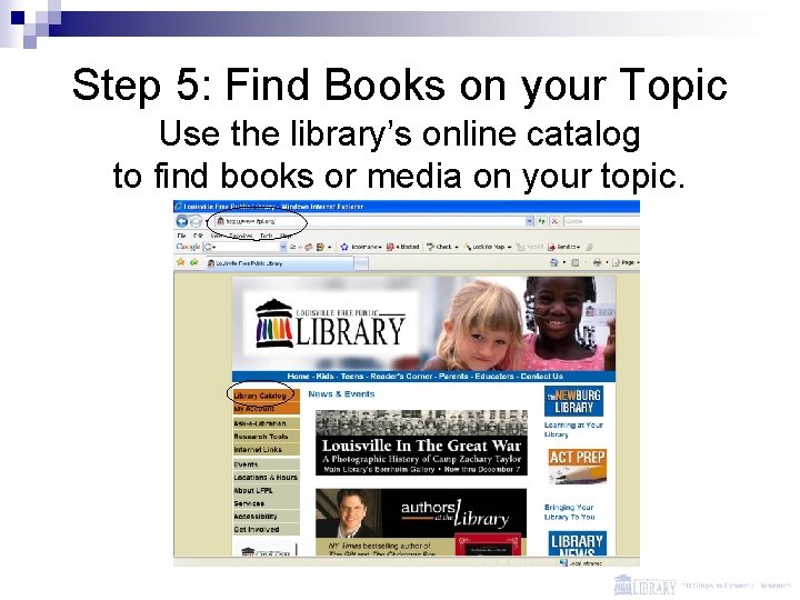 Step 5: Find Books on your Topic Use the library’s online catalog to find