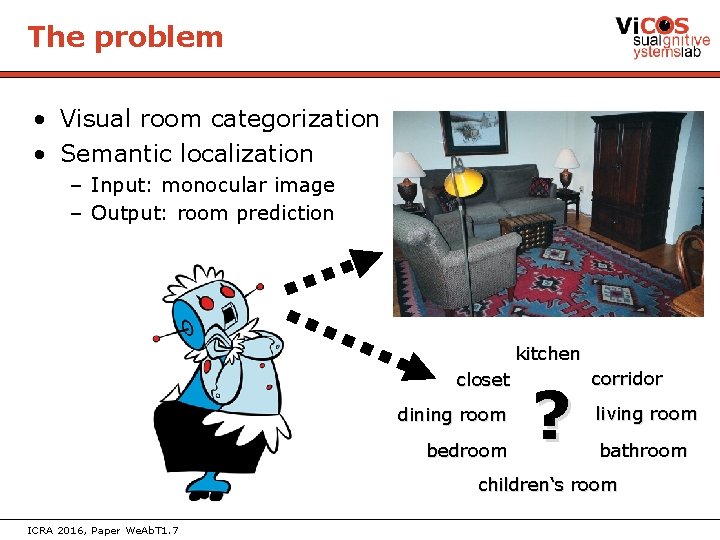 The problem • Visual room categorization • Semantic localization – Input: monocular image –