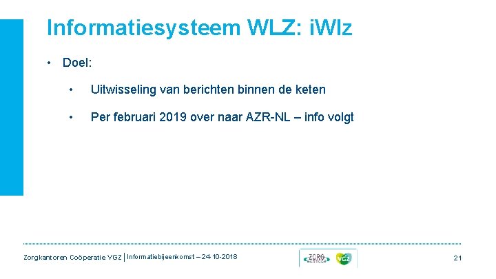 Informatiesysteem WLZ: i. Wlz • Doel: • Uitwisseling van berichten binnen de keten • Informatiesysteem WLZ: i. Wlz • Doel: • Uitwisseling van berichten binnen de keten •