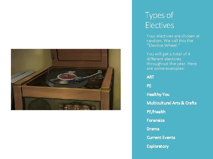 Types of Electives Your electives are chosen at random. We call this the “Elective