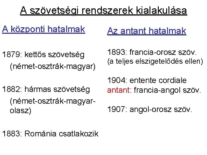 A szövetségi rendszerek kialakulása A központi hatalmak Az antant hatalmak 1879: kettős szövetség (német-osztrák-magyar)