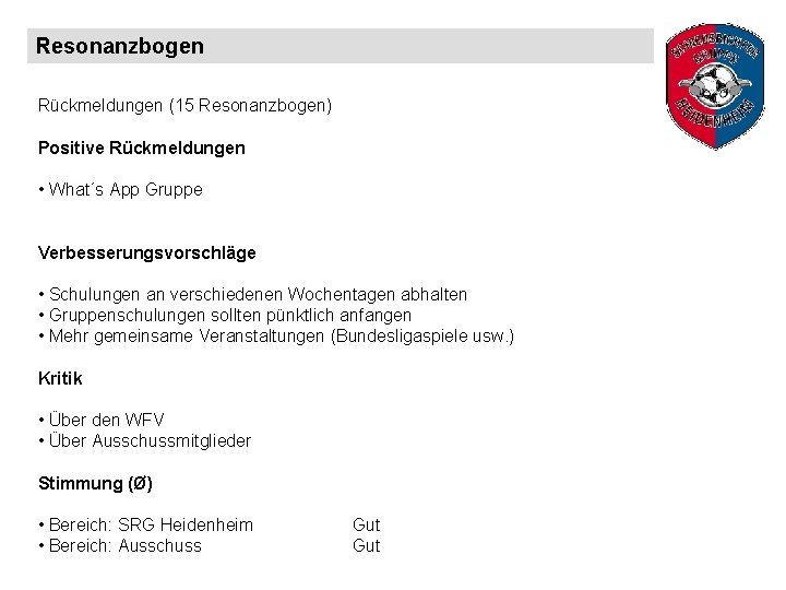 Resonanzbogen Rückmeldungen (15 Resonanzbogen) Positive Rückmeldungen • What´s App Gruppe Verbesserungsvorschläge • Schulungen an