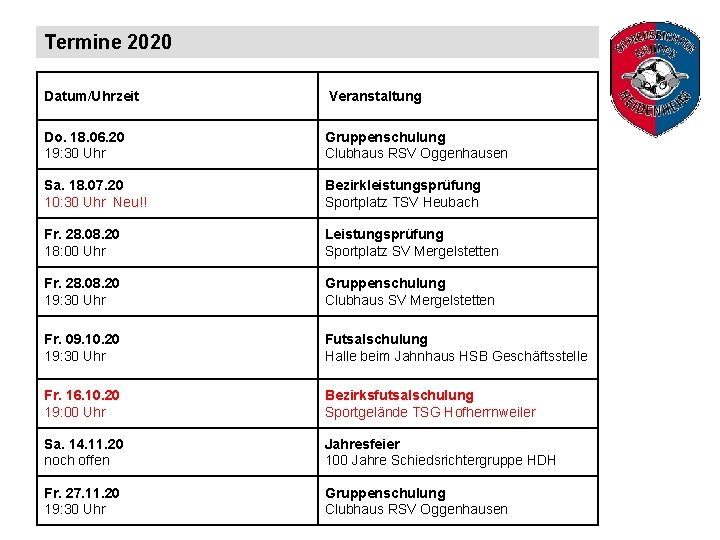 Termine 2020 Datum/Uhrzeit Veranstaltung Do. 18. 06. 20 19: 30 Uhr Gruppenschulung Clubhaus RSV