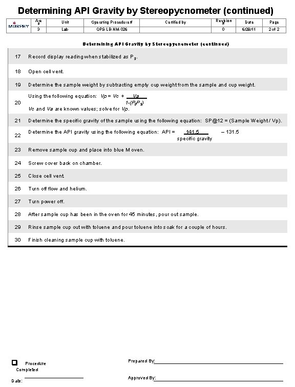 Determining API Gravity by Stereopycnometer (continued) Are a Unit Operating Procedure # 3 Lab