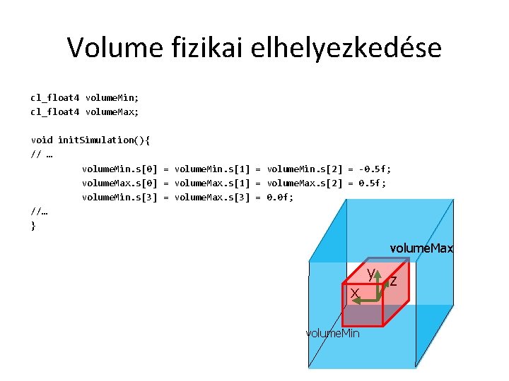 Volume fizikai elhelyezkedése cl_float 4 volume. Min; cl_float 4 volume. Max; void init. Simulation(){
