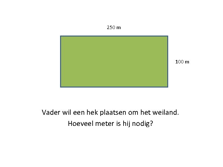 250 m 100 m Vader wil een hek plaatsen om het weiland. Hoeveel meter