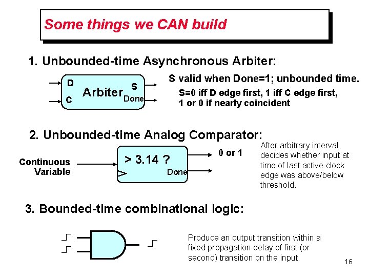 Some things we CAN build 1. Unbounded-time Asynchronous Arbiter: D C S S valid