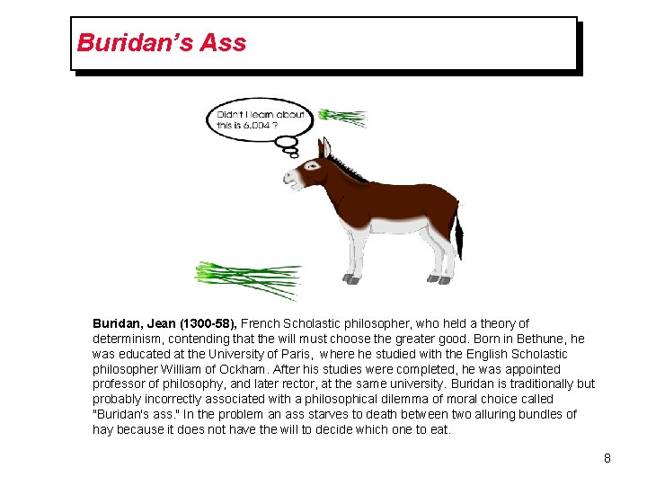 Buridan’s Ass Buridan, Jean (1300 -58), French Scholastic philosopher, who held a theory of