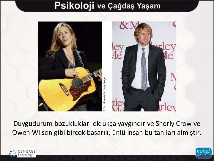 Duygudurum bozuklukları oldukça yaygındır ve Sherly Crow ve Owen Wilson gibi birçok başarılı, ünlü