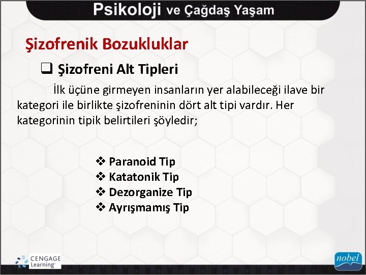 Şizofrenik Bozukluklar q Şizofreni Alt Tipleri İlk üçüne girmeyen insanların yer alabileceği ilave bir