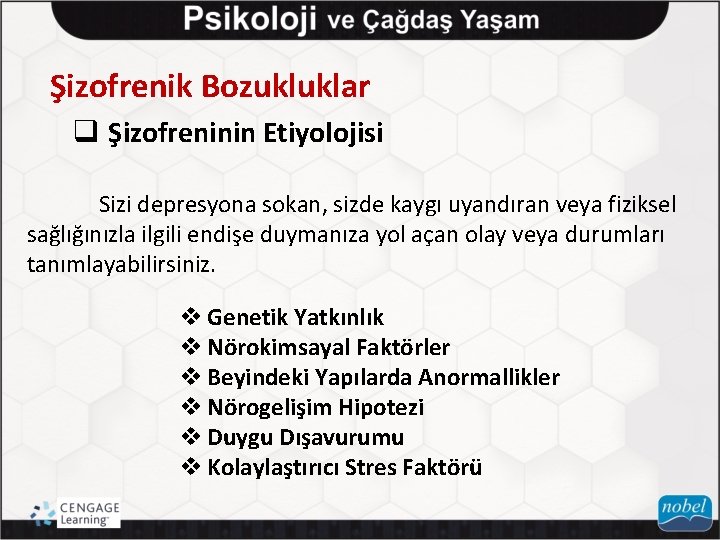 Şizofrenik Bozukluklar q Şizofreninin Etiyolojisi Sizi depresyona sokan, sizde kaygı uyandıran veya fiziksel sağlığınızla