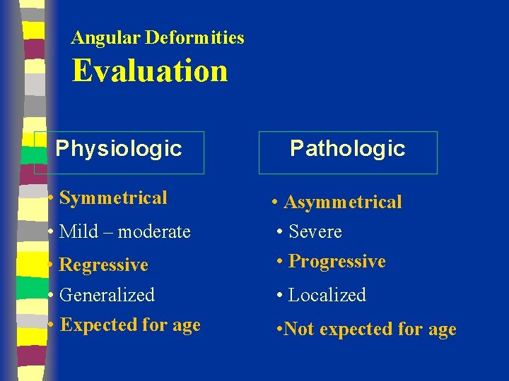 Angular Deformities Evaluation Physiologic • Symmetrical • Mild – moderate • Regressive • Generalized