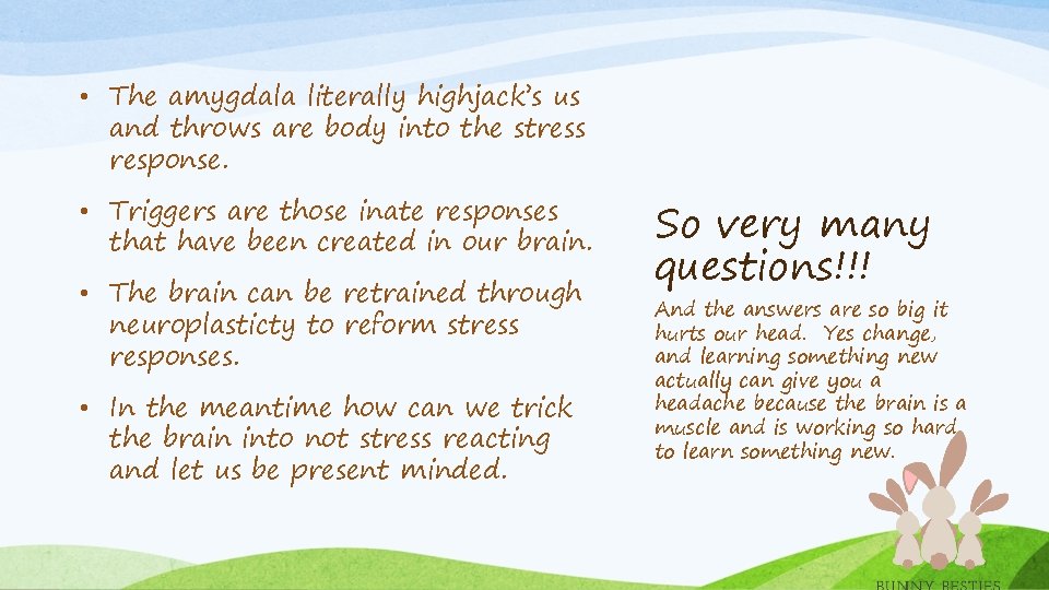  • The amygdala literally highjack’s us and throws are body into the stress