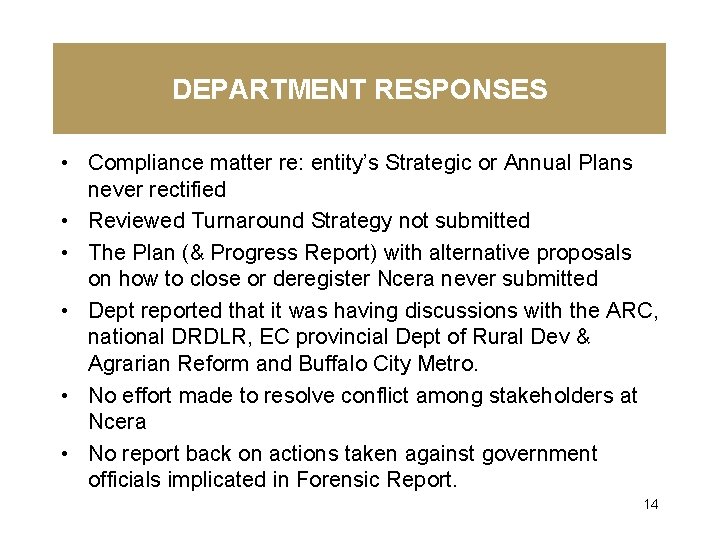 DEPARTMENT RESPONSES • Compliance matter re: entity’s Strategic or Annual Plans never rectified •