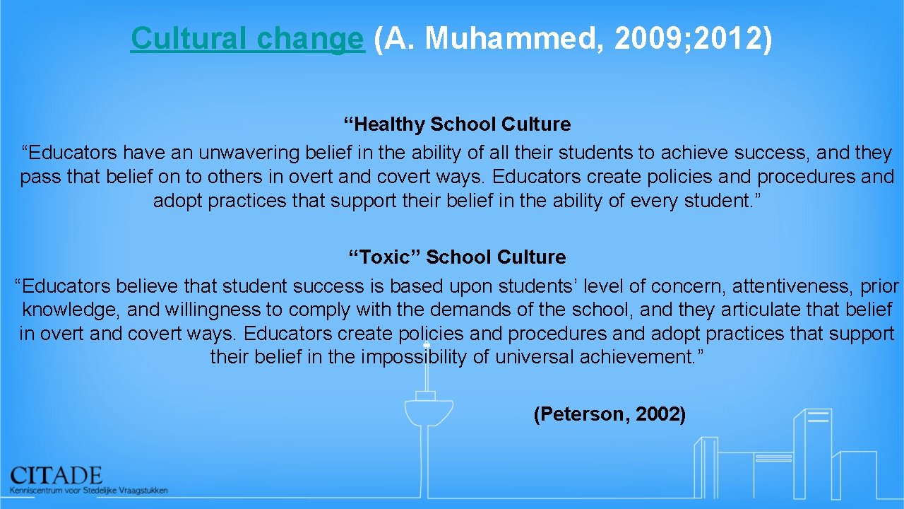 Cultural change (A. Muhammed, 2009; 2012) “Healthy School Culture “Educators have an unwavering belief