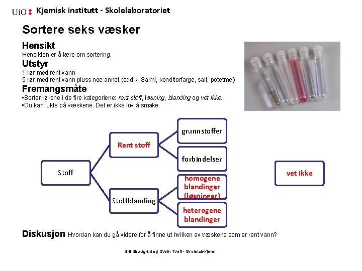 Kjemisk institutt - Skolelaboratoriet Sortere seks væsker Hensikten er å lære om sortering. Utstyr