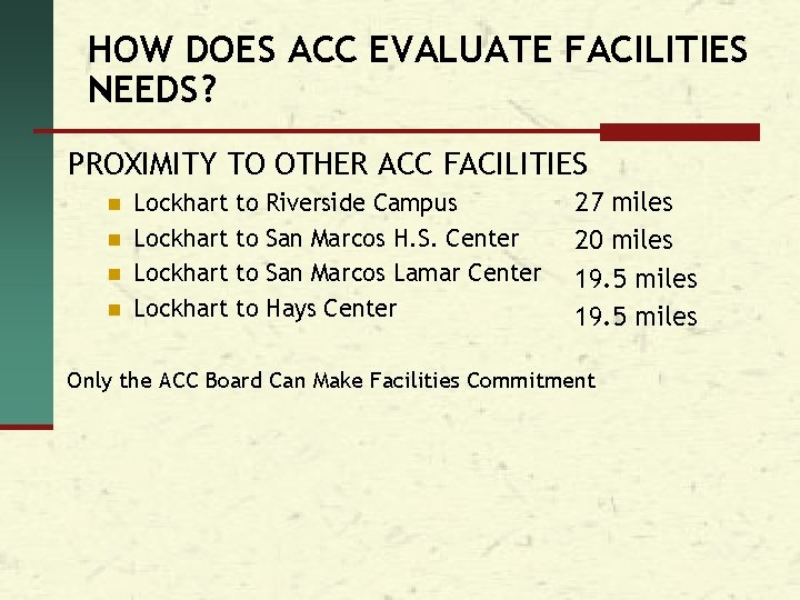 HOW DOES ACC EVALUATE FACILITIES NEEDS? PROXIMITY TO OTHER ACC FACILITIES n n Lockhart