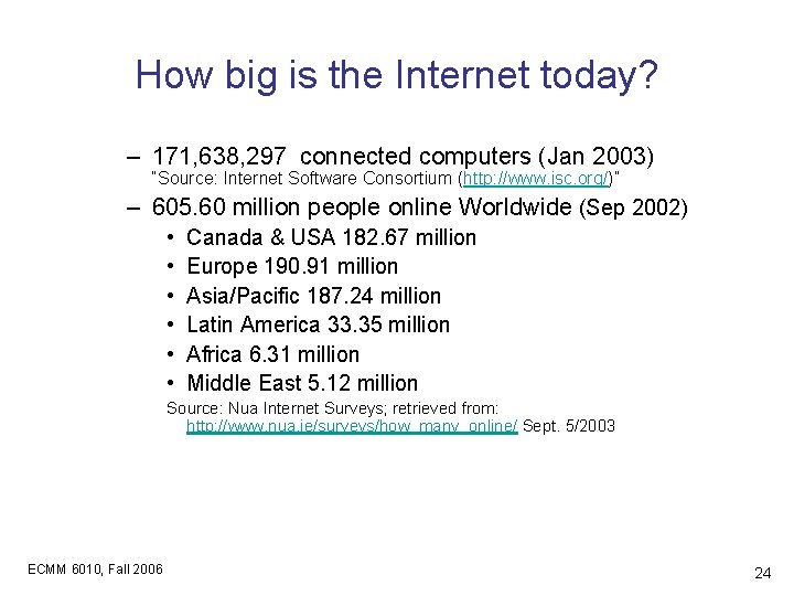 How big is the Internet today? – 171, 638, 297 connected computers (Jan 2003)